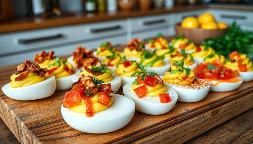 Deviled eggs with various toppings