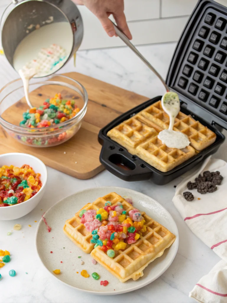 Fruity Pebbles Waffles preparing steps